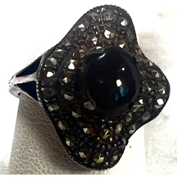 Vtg Black Onyx Marcasite Statement Ring 925 Thailand Silver Size 6.75 Wavy .75" - Picture 2 of 13